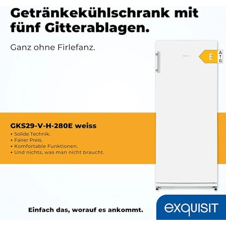exquisit Getränkekühlschrank GKS29-V-H-280E weiss, 145,5 cm hoch, 60 cm breit, 254 l Kühlvolumen, LED-Innenbeleuchtung – Bild 3