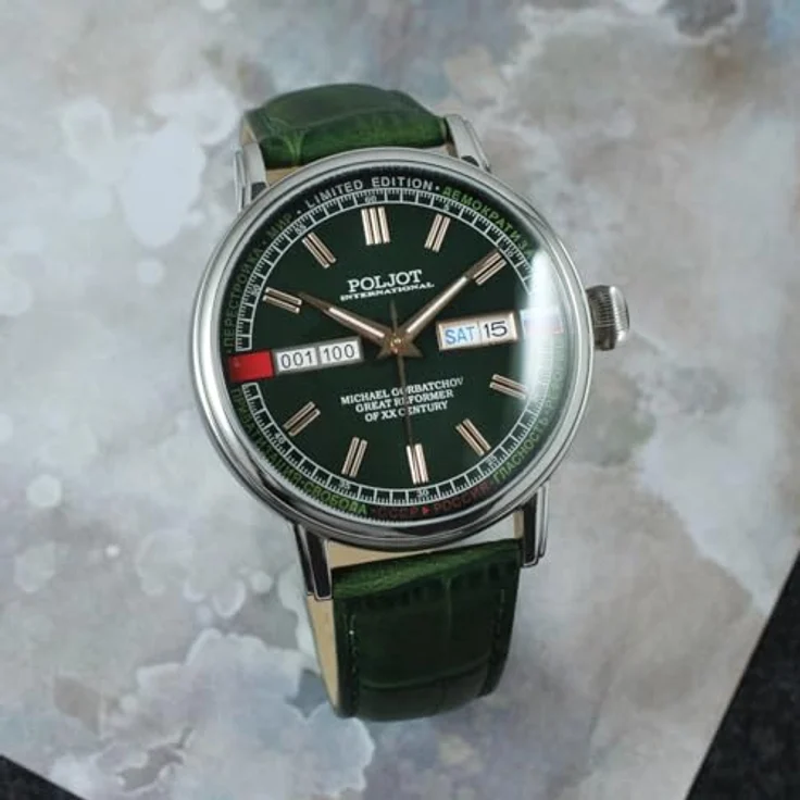 Poljot-International Herrenuhr Automatik Gorbatchov, grün, Edelstahlgehäuse, Lederarmband, kratzfest, leuchtend, Kalenderfunktion – Bild 3