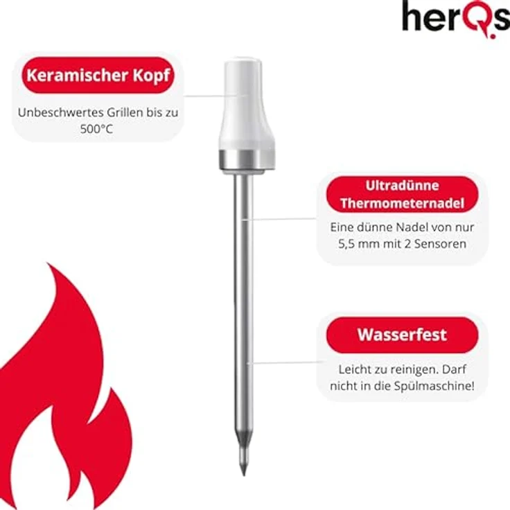 HerQs Pin Probe - Grillthermometer - Kabelloses Fleischthermometer - Kerntemperaturmesser - bis zu 500°C - 100m Bluetooth - Meater - Für Grill, Ofen, Pfanne, Heißluftfritteuse und Sous-Vide – Bild 4