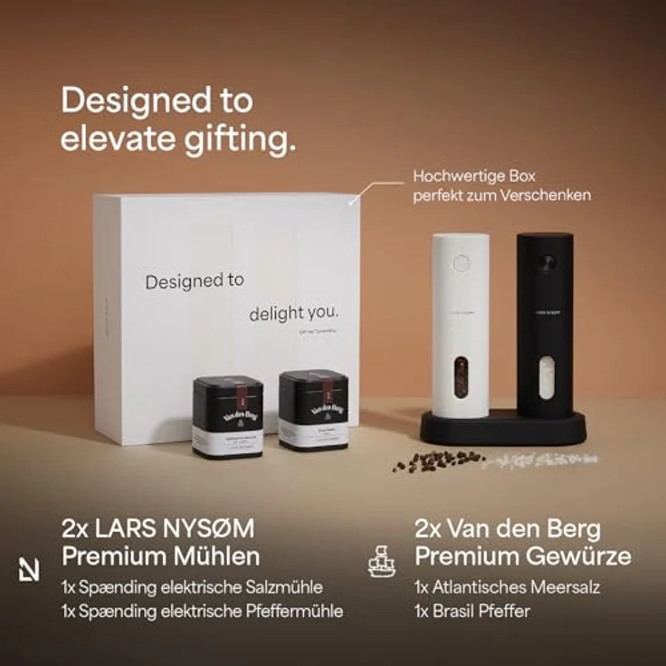 LARS NYSØM Elektrische Gewürzmühlen Set "Spænding" mit 2 Gewürzdosen (Salz & Pfeffer), Geschenkbox (Black/White) – Bild 2
