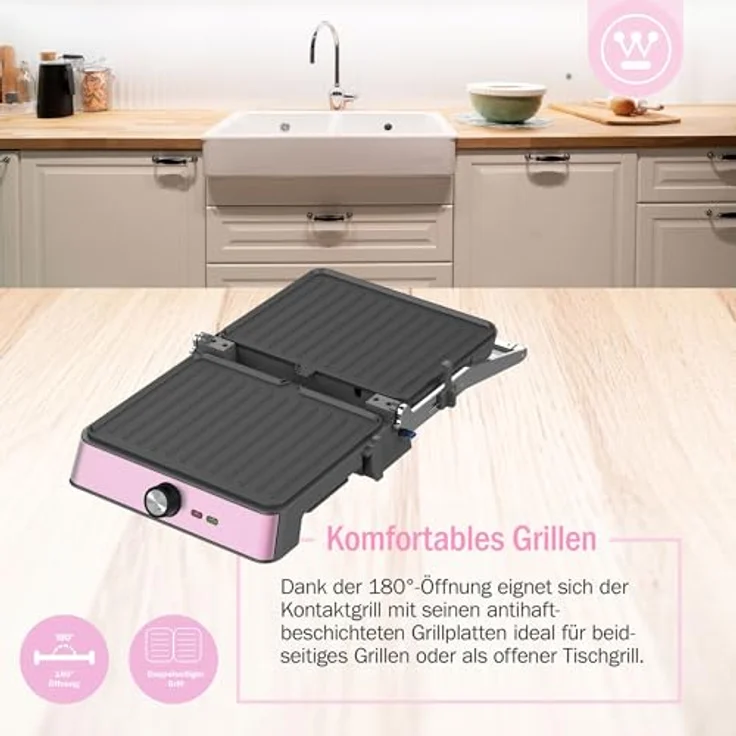 Westinghouse Kontaktgrill WKCG907PK, 2200 W, Antihaftbeschichtung, höhenverstelbar, 29 x 24 cm Grillfläche, Retro-Design, Edelstahlgehäuse – Bild 2