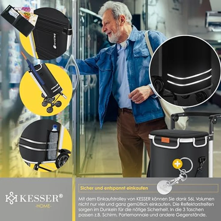 KESSER® Einkaufstrolley Treppensteiger 3in1 mit Kühltasche, klappbar, 56L Kapazität, belastbar bis 50kg, Schwarz – Bild 5