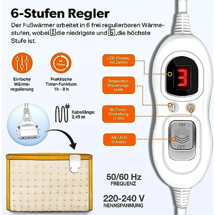sinnlein Fußwärmer mit 6 Temperaturstufen & Timer, elektrische Fußheizung mit Überhitzungsschutz & Abschaltautomatik, Beige – Bild 3