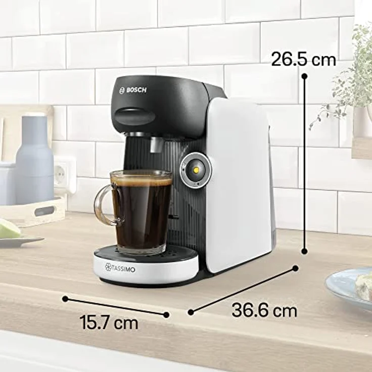 Tassimo Finesse Kapselmaschine TAS16B4 Kaffeemaschine by Bosch, 70 Getränke, intensiverer Kaffee auf Kopfdruck, Abschaltautomatik, perfekt dosiert, platzsparend, 1400 W, 0,7l, weiß/dunkelgrau – Bild 2