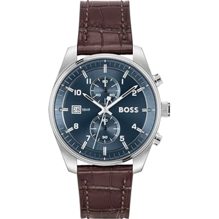 BOSS Chronograph Quarz Uhr für Herren Kollektion SKYTRAVELLER mit Dunkel-Braunes Lederarmband - Präzises Chronographenwerk und stilvolles Design – Bild 1