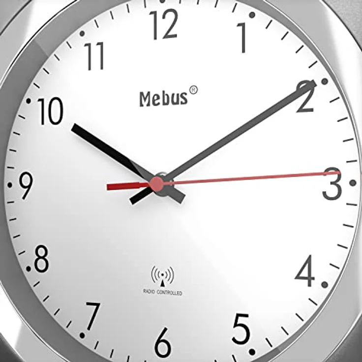 Mebus Funk-Wanduhr/klassisches Model/silberner Rahmen/weißes Zifferblatt / 24cm Durchmesser/Rund/Funkuhr (DCF77) / Modell: 19452 / Farbe: Silber, Weiß – Bild 2