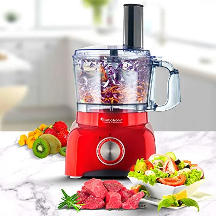TurboTronic FP800 Küchenmaschine, 800 W mit 1,2 L BPA-freiem Behälter, Zerkleinerer, Zitruspresse, Mixer, multifunktional, schwarz-rot, 13-teiliges Zubehörset – Bild 7