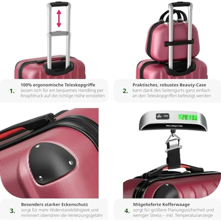 tectake® 4-teiliges Reisekoffer Kofferset inkl. Kofferwage und Gepäckanhänger, 360° Rollen, Hartschalenkoffer mit Zahlenschloss, Koffer groß, ineinander stapelbar, Trolley Handgepäck - weinrot – Bild 3