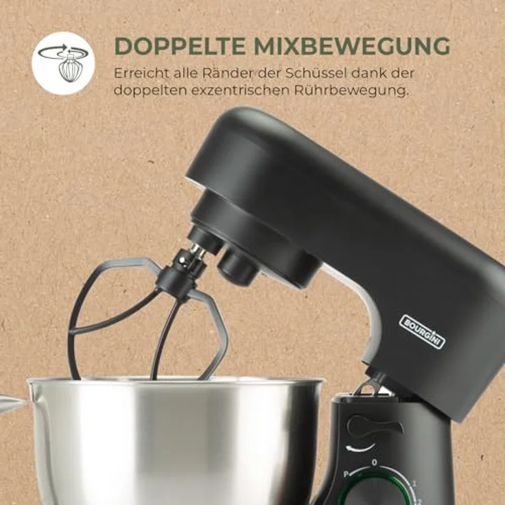Bourgini Elements Küchenmaschine, 1000 W, 4,5 L Edelstahl-Rührschüssel, 8 Geschwindigkeiten, Pulsfunktion, 3 spülmaschinengeeignete Zubehörteile, GRS-zertifiziert – Bild 7