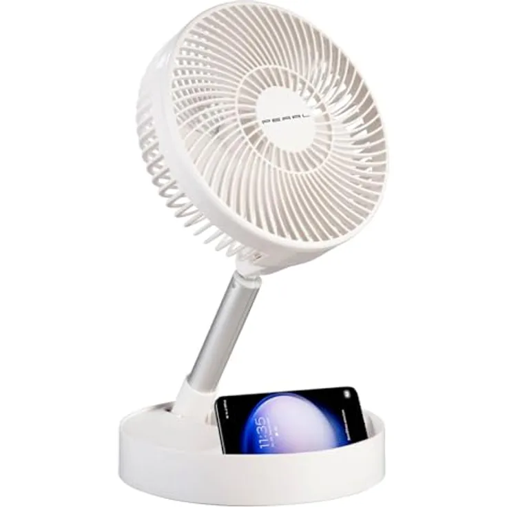 PEARL 2in1-Akku-Tisch- & Standventilator, ausziehbar bis 1 m, 3 Geschwindigkeitsstufen, 4000 mAh Akku für 8,5 Stunden Laufzeit, USB-Funktion, neigbarer Ventilatorkopf