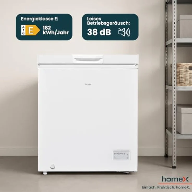 homeX FT1421-W Gefriertruhe, 142 Liter, 4-Sterne Gefrieren, leise 38 dB, inklusive Ablagekorb, kompakte Maße 70,5 x 85 x 56 cm – Bild 7