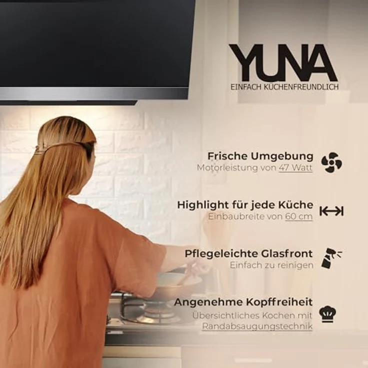 Yuna Dulcia Dunstabzugshaube, A, Abluft und Umluft, Wandmontage, Breite 60 cm, Randabsaugung, Drucktasten – Bild 5