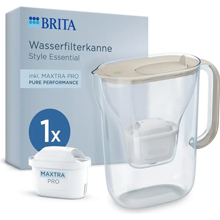 BRITA Wasserfilter Kanne Style Essential sand, 2,4l, inkl. 1x MAXTRA PRO Pure Performance, spülmaschinengeeignet, mit Klappdeckel und Smart Light LED