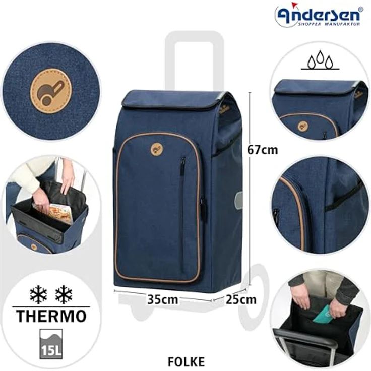 ANDERSEN Einkaufstrolley - Royal Shopper Folke blau 61 L Freizeit, Handwagen, Thermo, Aluminium, klappbar, Kugellagerrad – Bild 3