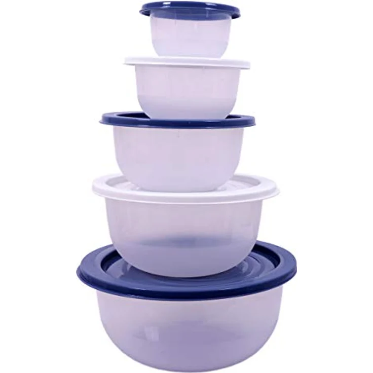 Spetebo Salat Schüssel Set 5-teilig, Kunststoff Kochschüsseln mit Deckel, transparent mit pastellgrünen, pastellblauen und grauen Deckeln, spülmaschinenfest, 0,4 bis 4,4 Liter – Bild 1