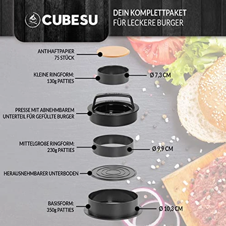 Cubesu Burgerpresse Set, 3 Ringformen in verschiedenen Größen, Antihaftbeschichtung, 75 Blatt Backpapier, inkl. Stempel für gefüllte Patties – Bild 2