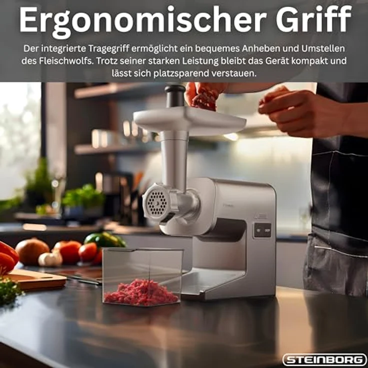 STEINBORG Fleischwolf SB-7080, elektrischer Fleischwolf mit 2000W Leistung, Edelstahl-Komponenten, 2 Geschwindigkeitsstufen, Zubehör inklusive Wurst- und Kebbe-Aufsatz – Bild 8