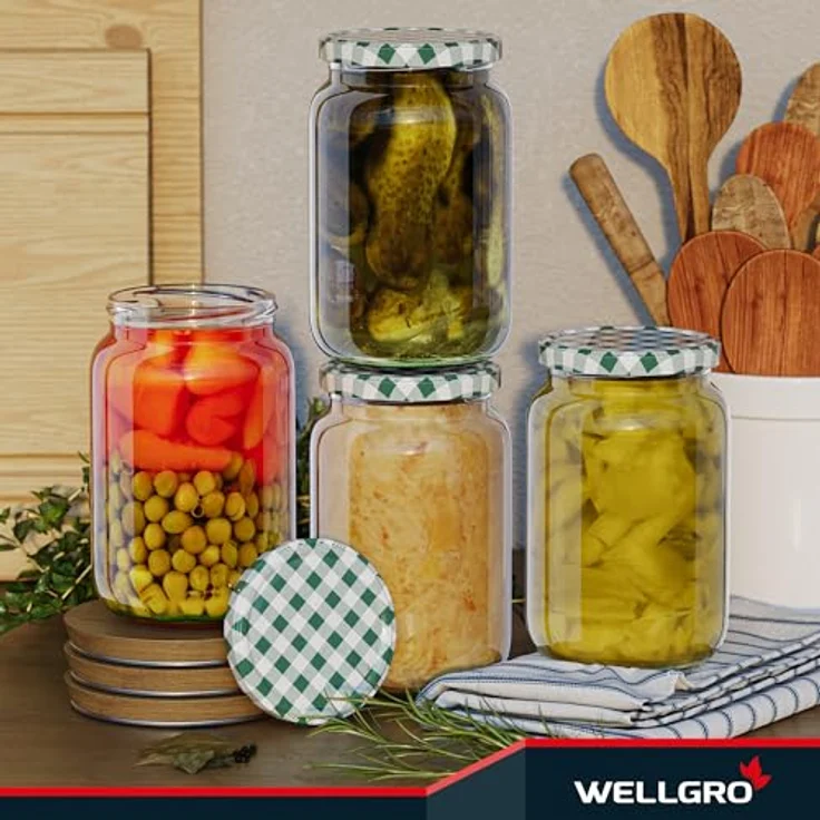WELLGRO 6x Einmachgläser mit Schraubdeckel, 720ml, grün kariert, Made in Germany, luftdicht und spülmaschinengeeignet – Bild 5
