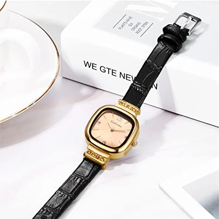 JewelryWe 2pcs Damen Analog Quarz Armbanduhr, quadratisch, Strass, PU Leder Armband, schwarz/braun, wasserdicht – Bild 5
