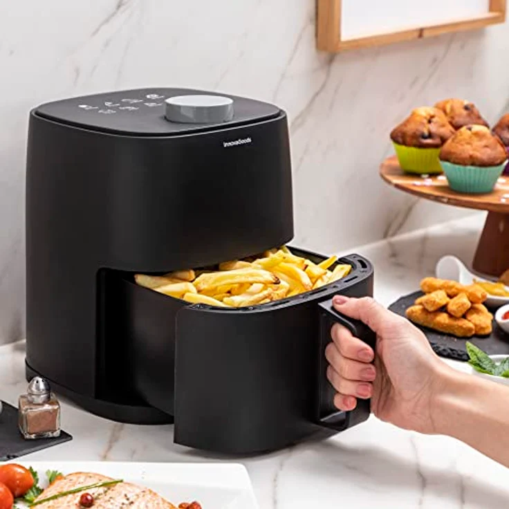 InnovaGoods® Heißluftfritteuse 2L airfryer 1200W mit +100 Rezepten auf Deutsch heissluftfriteuse mit Antihaft-Korb zeitschaltuhr und 360° Luftstrom air fryers für 1-2 Personen, air fryer farbe schwarz – Bild 5