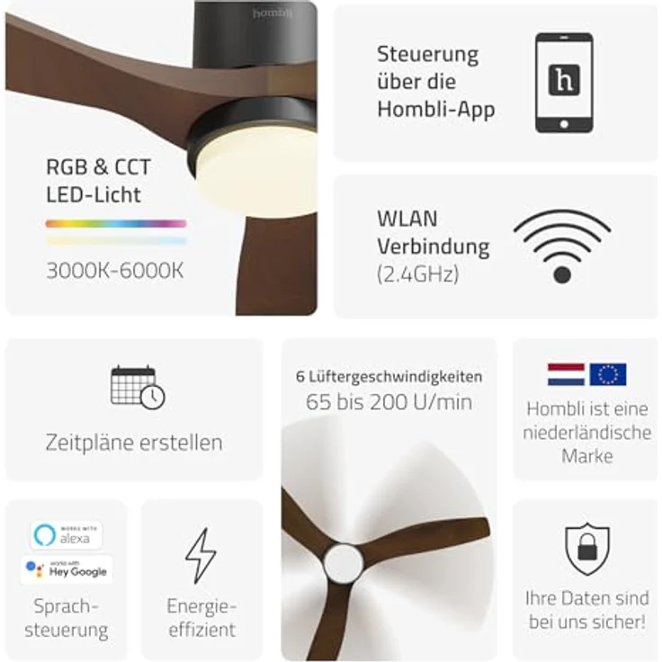 Hombli Deckenventilator mit Licht, sechs Geschwindigkeiten, RGB-LED-Beleuchtung, Schwarz – Bild 2