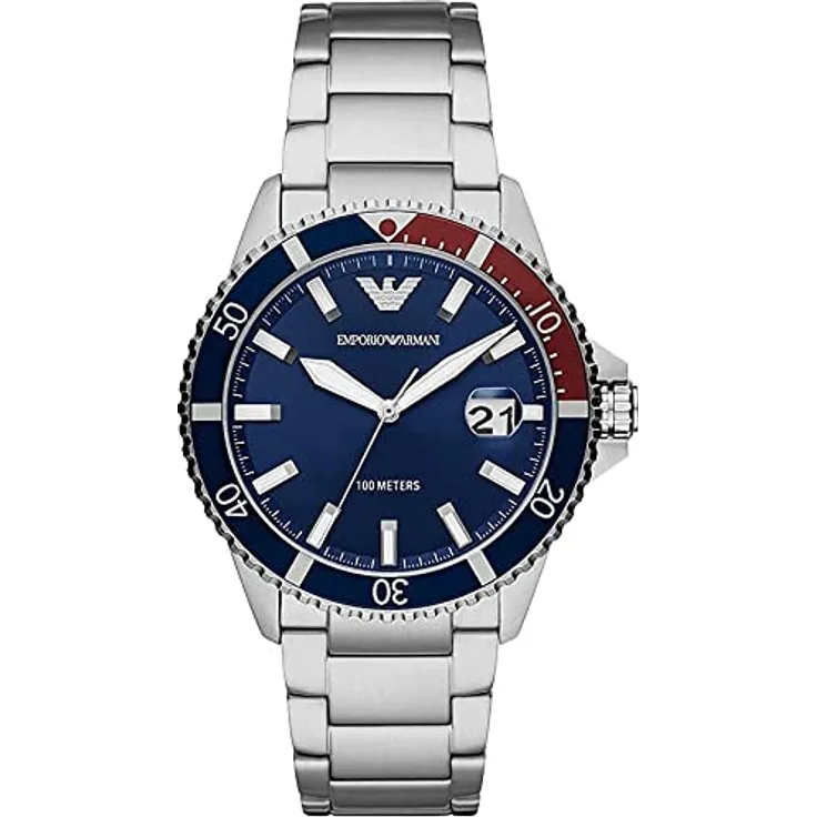 Emporio Armani Herrenuhr , DreizeigerDatumswerk, 42mm Silbernes Edelstahlgehäuse mit Edelstahlarmband, AR11339
