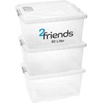 2friends Aufbewahrungsbox mit Deckel Groß, 3er Set 60L, transparente Kunststoffboxen 61cm x 45cm x 30cm, stapelbar, BPA-frei, mit Clipverschlüssen und Lüftungsklappe, ideal für Büro, Küche & Garage