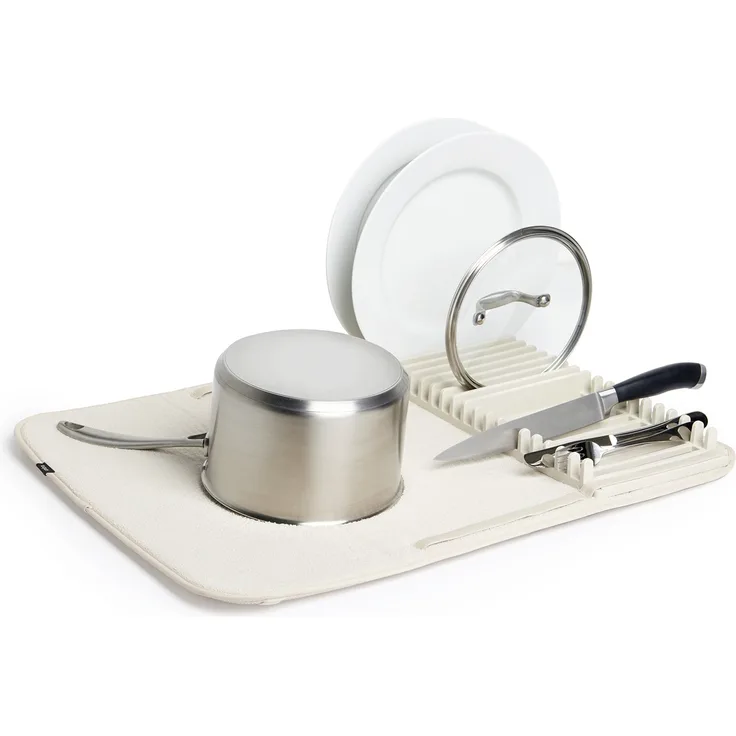 Umbra Udry Geschirr Abtropfgestell und Mikrofaser Abtropfmatte – Faltbar, Platzsparend und Leicht Verstaubar, 60 x 45 cm, Hellbeige