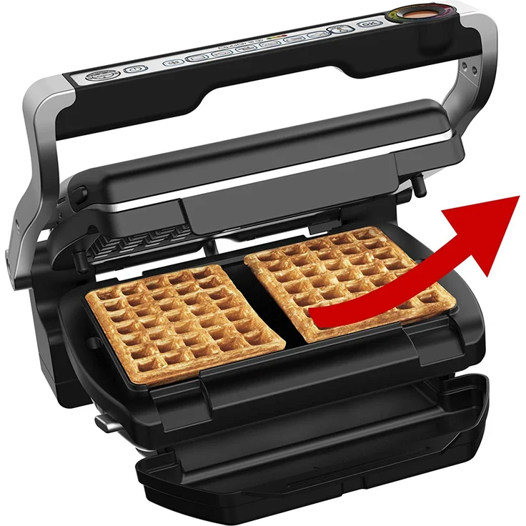 Tefal GC716D OptiGrill Kontaktgrill, 2000W, Thermostat, 6 voreingestellte Grillprogramme, stufenlose Farbänderung des Lichtindikators, inkl. Waffel-Platte, Kelle, silber – Bild 6