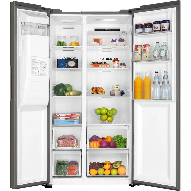Haier HSR3918FIMP Side-by-Side-Kühlschrank, freistehend, Platin, Full NoFrost, Wasser- und Eiswürfelspender, Festwasseranschluss, Schnellkühlen und -gefrieren, Breite 90.8 cm – Bild 2