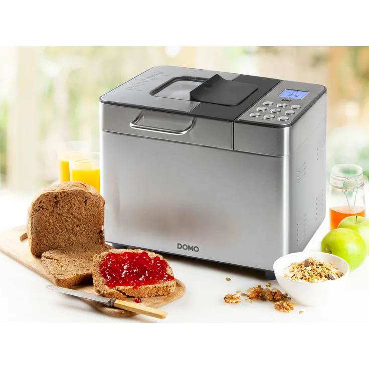 Domo Brotbackautomat Edelstahl bis 1000g, 500W, 18 Programme, inkl. Zusatz Knethaken für Brot Kuchen Pizzateig, silber