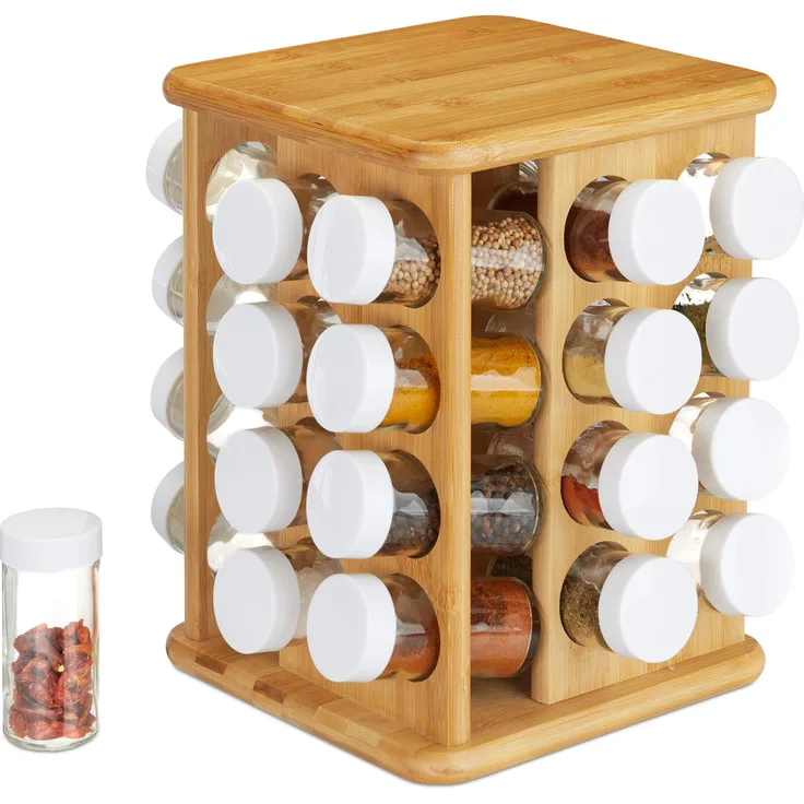 Relaxdays XXL Gewürzkarussell, drehbar, 32 Gewürzgläser, aromadichte Aufbewahrung, Gewürze Organizer, Bambus, natur