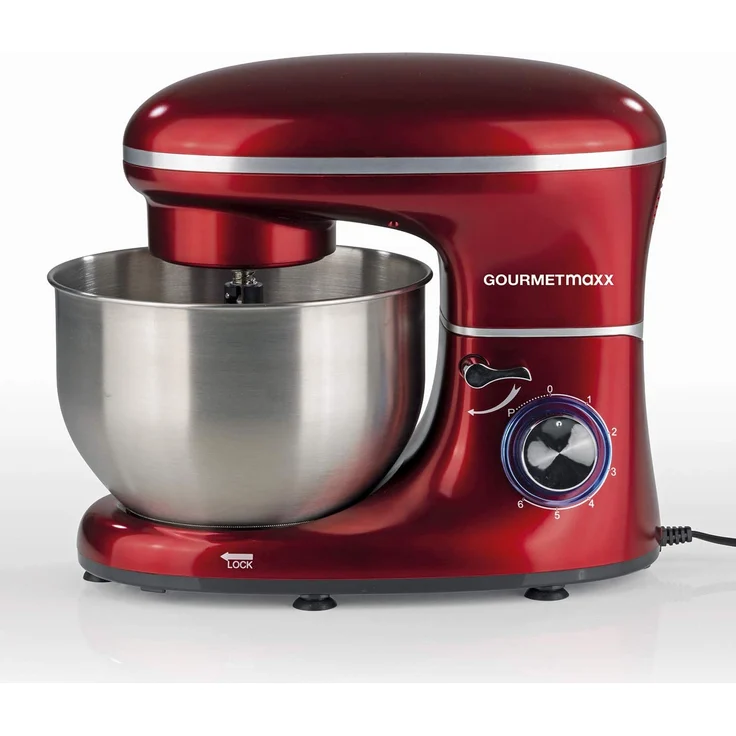 GOURMETmaxx Küchenmaschine schwarz, Direktantrieb, 1500 Watt, 5 L, 6 Geschwindigkeitsstufen, Patisserie-Set, rot – Bild 5