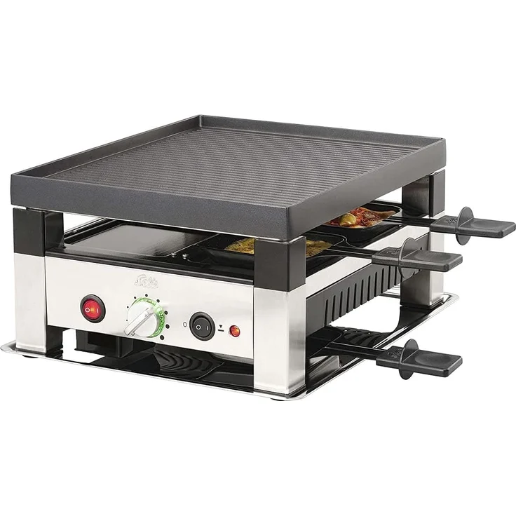 Solis Table Grill 5in1 - Raclette, Grill, Wok, Pizza-Grill, Crêpes, für 4 Personen (Raclettepfännchen, Mini-Wok, Spachtel), 900W, Grillfläche Antihaftbeschichtet, edelstahl, schwarz – Bild 1