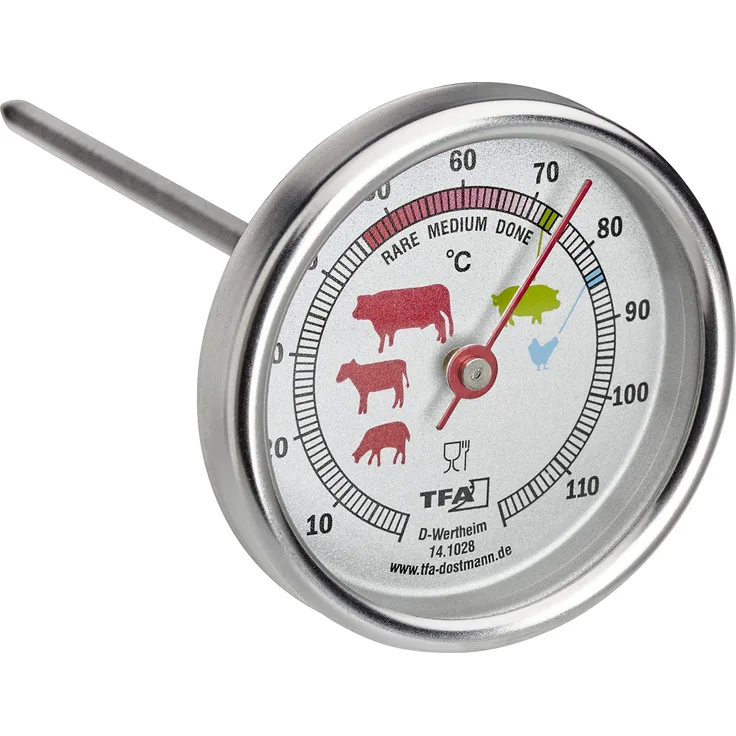 TFA Dostmann Analoges Bratenthermometer aus Edelstahl, 14.1028, ideal für Fleisch, Fisch, Geflügel, Fleischthermometer, perfekt gebraten, silber