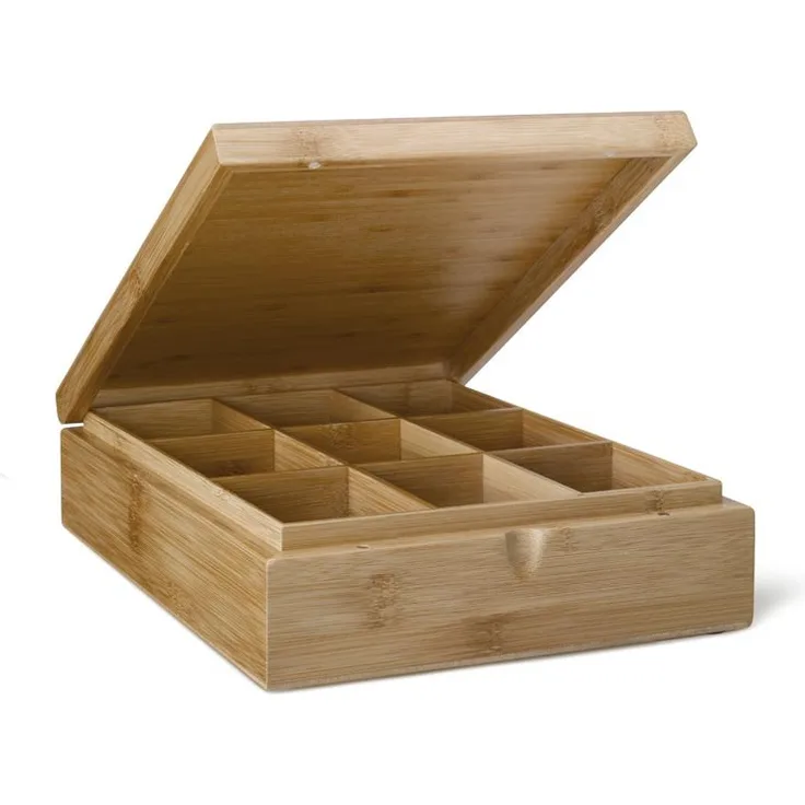 Teebeutelbox 9 Fächer ohne Sichtfenster im Deckel aus hellem Bambusholz 285x235x74mm