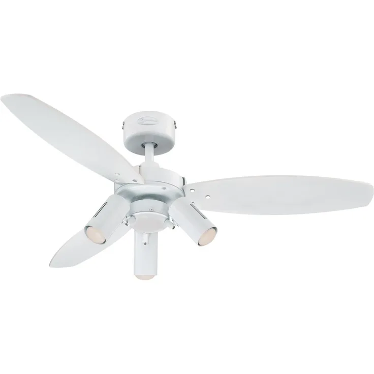 Westinghouse Lighting Jet Plus, Deckenventilator, Leuchte mit 3 Strahlern, Metall, 1 W, Ausführung in Weiß mit Wendeflügeln in Weiß|Ahorn hell, 105 x 105 x 37 cm