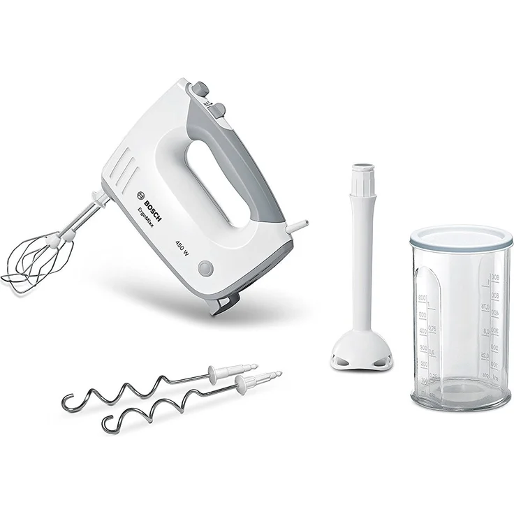 Bosch MFQ36440 ErgoMixx Handrührer (450 W, spülmaschinengeeignet, ergonomische Form, leise, geringes Gewicht, hitzebeständiger Mixfuß, Mixbecher) weiß – Bild 1