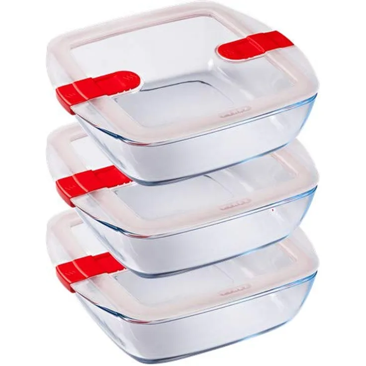 Pyrex Cook and Heat Cook & Heat 3 quadratische Lebensmittel aus Glas 1 l mit luftdichtem Deckel speziell für die Mikrowelle Frischhaltedosen