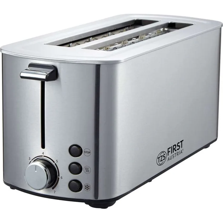 TZS First Austria FA-5367-5 Doppel-Langschlitz Toaster - 4 Scheiben, 1400W, Brötchenwärmer, Krümelablage, edelstahl