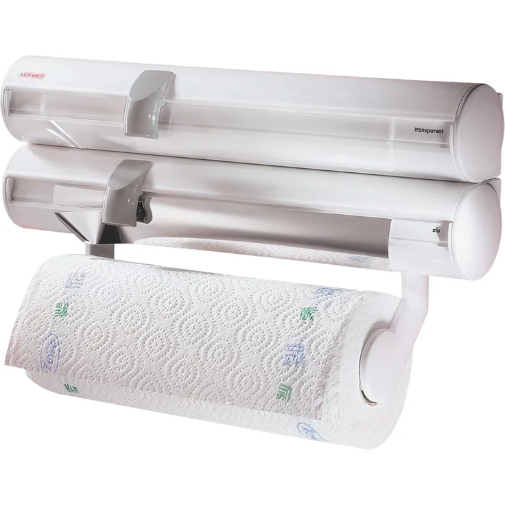 Leifheit Wandrollenhalter Rolly Mobil ComfortLine-Serie mit abnehmbarem Behälter, Küchenrollenhalter für 3 Rollen, Papierrollenhalter mit scharfen Klingen