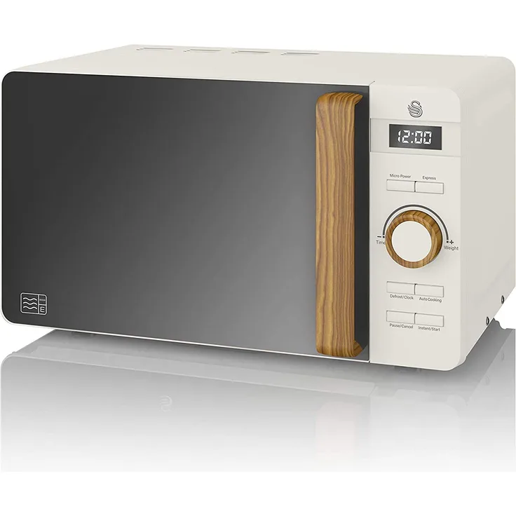 Swan Nordic Digitale Mikrowelle, Standgerät, 20 Liter Garraum, 6 Betriebsstufen, 800 Watt, 30 Minuten Timer, einfache Reinigung, Auftaumodus, modernes Design, Griff in Holzoptik, Weiß matt
