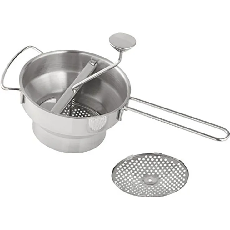 axentia Obstmühle in Silber, manuelle Passiermaschine aus rostfreiem Edelstahl, Gemüsemühle mit Griff aus Edelstahldraht, Passiermühle inklusive zwei Sieb-Einsätze, Maße: ca. 43,5 x 20,5 x 21 cm