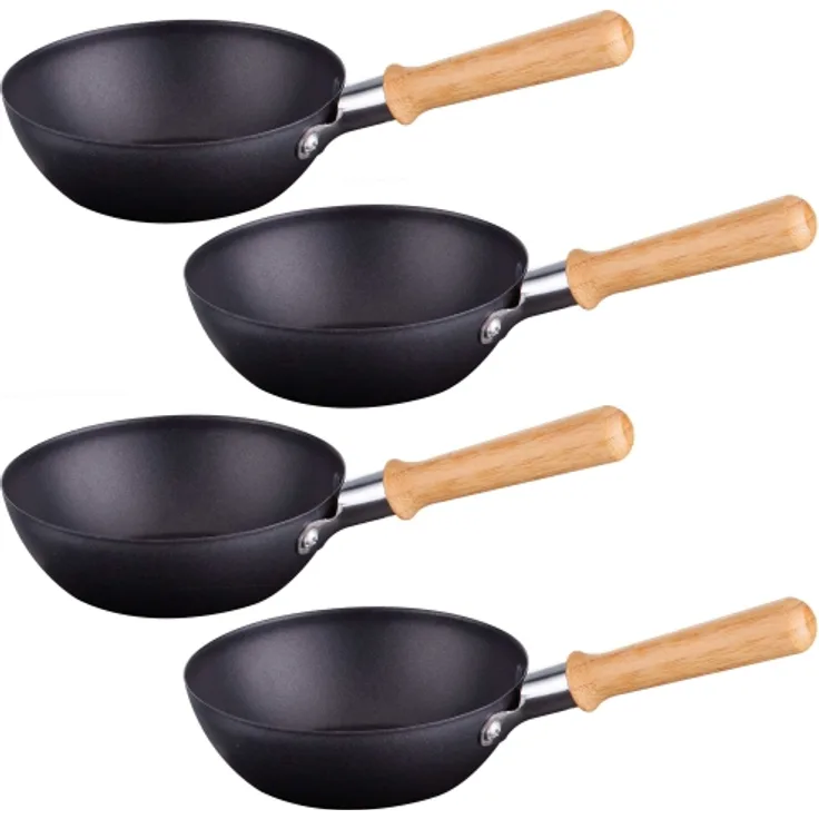 Syntrox Universal Wok Grill Pfännchen, 4 Stück, Bambus Griff, aus Carbonstahl, schwarz