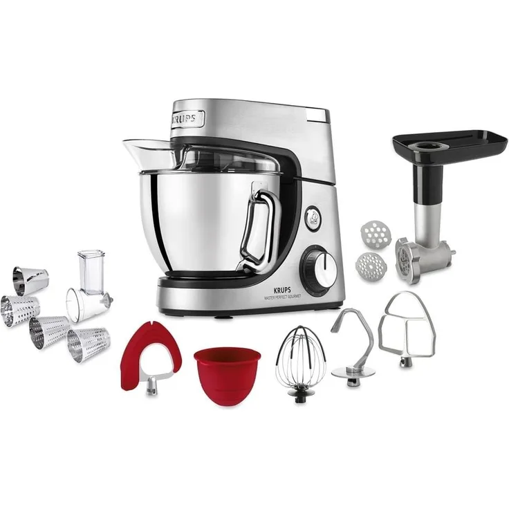 Krups KA631D Master Perfect Gourmet Küchenmaschine, 1100 Watt, 8 Geschwindigkeiten, 4,6L Edelstahlschüssel, 5 Zubehör: Back-Set, Flex-Bowl, Schnitzelwerk, Unterheber, Fleischwolf, Edelstahl gebürstet, Serie: Master Perfect Gourmet