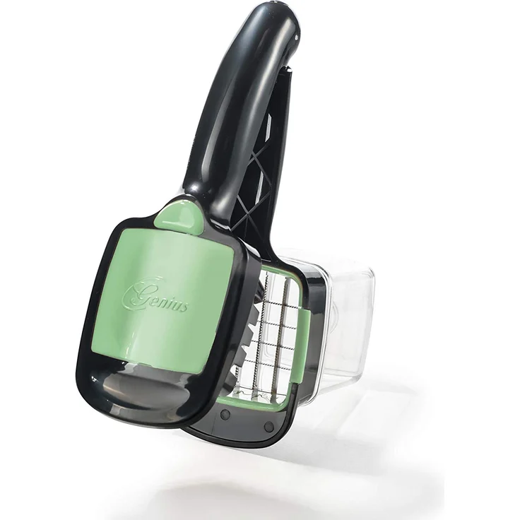Genius Nicer Dicer Quick Zerkleinerer für Obst und Gemüse | 5 in 1 Multischneider mit austauschbaren Messereinsätzen | 30 Würfel oder 10 Scheiben mit einem klick (Grün), Edelstahl, 15 x 10 x 25 cm – Bild 2