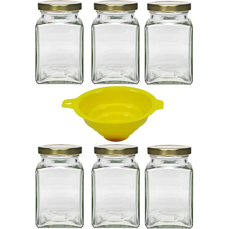 Viva Haushaltswaren 6 x eckiges Marmeladenglas - Gewürzglas 260 ml mit goldfarbenem Schraubverschluss, Gläser Set mit Deckel als Einmachgläser, Vorratsdose etc. verwendbar inkl. Trichter