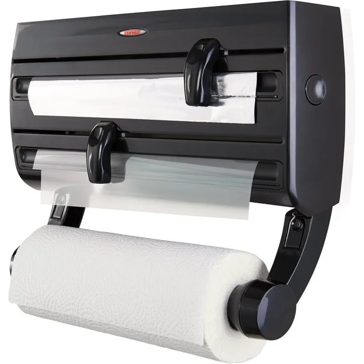 Leifheit Wandrollenhalter Parat F2 ComfortLine-Serie für insgesamt 3 Rollen, Folienschneider mit Abstellfläche für Gewürze und abnehmbarem Küchenrollenhalter, schwarz