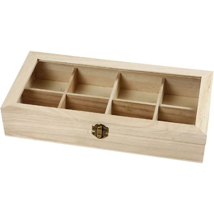 Teekiste, Sortierbox, Holzbox mit 8 Fächern und Glasdeckel, Holz unbehandelt