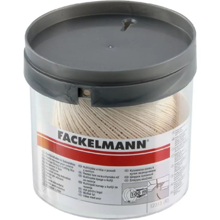 Fackelmann Koch-Bindfaden, 100m Küchen-Schnur in Spenderbox, Küchengarn für Fleisch, Gemüse oder Fisch (Farbe: Weiß), Menge: 1 Stück